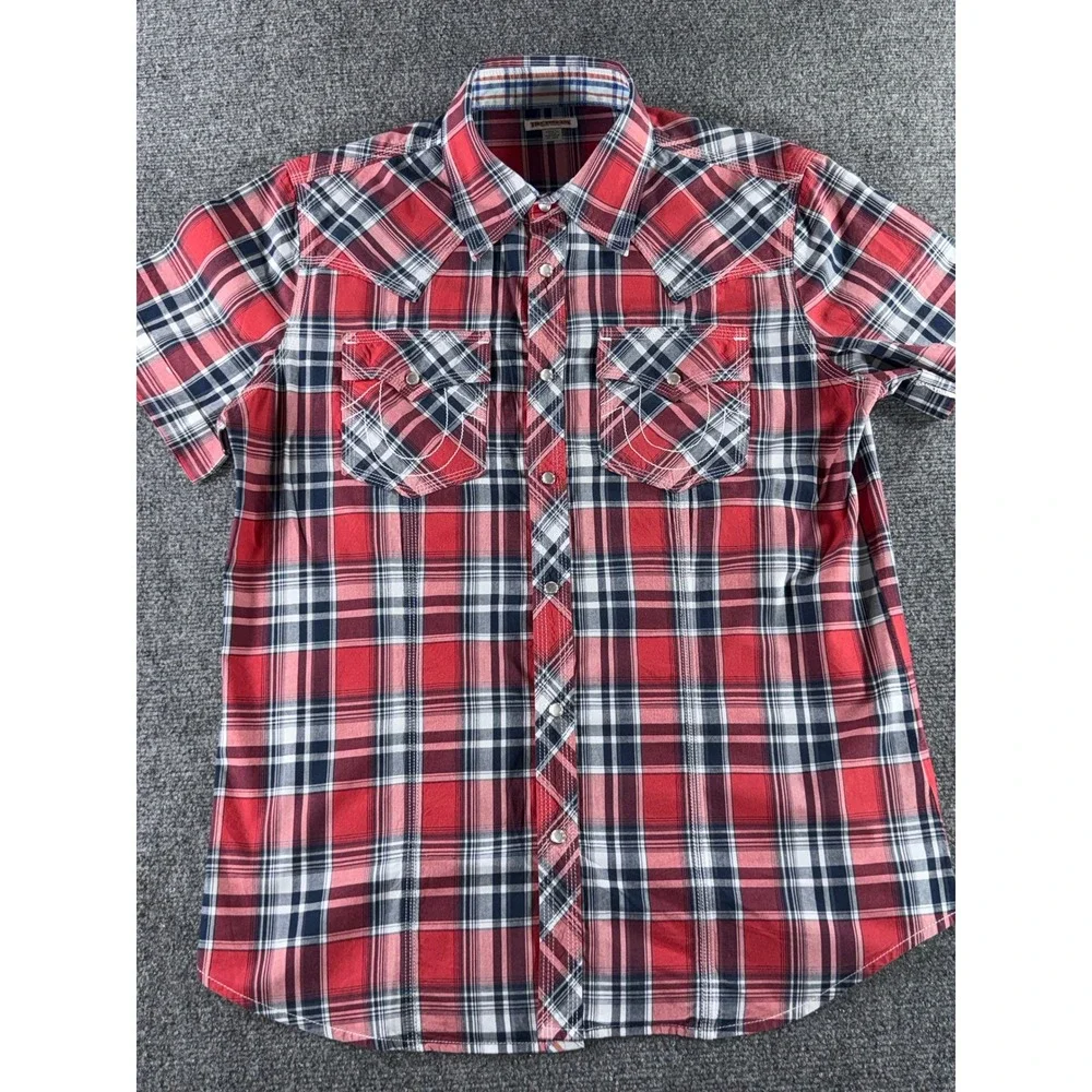 True Religion Mens XL Red Plaid Western Pearl Snap Button Down Shirt